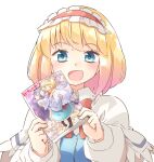  1girl :d alice_margatroid arnest blonde_hair blue_eyes blush bob_cut book bow bowtie cameo capelet dot_nose eyebrows_visible_through_hair frilled_hairband frills hairband hands_up holding holding_book holding_manga lolita_hairband long_sleeves looking_at_viewer manga_(object) meta open_mouth pale_color patchouli_knowledge puffy_long_sleeves puffy_sleeves red_bow red_bowtie red_hairband shiny shiny_skin short_hair simple_background smile solo straight-on touhou upper_body white_background white_capelet wing_collar 