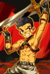  1boy bara commentary_request gloves highres holding holding_sword holding_weapon large_penis male_focus muscular muscular_male original penis smile solo sword topless_male weapon zxanzai 