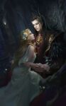  1boy 1girl black_hair couple dress eye_contact feather-trimmed_sleeves flower greek_mythology hades hair_flower hair_ornament highres holding_hands jjlovely long_hair looking_at_another ornate_clothes persephone_(mythology) skull tagme white_dress 