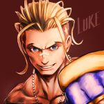  1boy blonde_hair blue_eyes buzz_cut character_name collarbone commentary english_commentary grin highres jewelry kuroneco looking_at_viewer luke_sullivan male_focus mixed-language_commentary necklace nose_tape portrait red_background short_hair signature simple_background smile solo star_(symbol) street_fighter street_fighter_v very_short_hair 