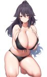  1girl absurdres bare_shoulders barefoot bikini black_bikini black_eyes black_hair blush breasts cleavage collarbone copyright_request eyebrows_visible_through_hair high_ponytail highres huge_breasts kneeling long_hair simple_background smile solo suruga_(xsurugax) swimsuit white_background 