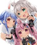 3girls :d ahoge animal_ear_fluff animal_ears bangs bare_shoulders black_gloves blue_hair blush braid breasts bunny-shaped_pupils cleavage closed_mouth commentary criss-cross_halter crossover detached_sleeves don-chan_(usada_pekora) double_w dress eyebrows_visible_through_hair fox_ears fox_shadow_puppet gloves green_eyes grey_hair hair_between_eyes halterneck hololive long_sleeves looking_at_viewer multicolored_hair multiple_girls natsume_eri parted_lips pink_hair rabbit_ears red_eyes shirakami_fubuki short_eyebrows simple_background small_breasts smile strapless strapless_dress streaked_hair symbol-only_commentary symbol-shaped_pupils thick_eyebrows tomari_mari tomari_mari_channel twin_braids twintails two-tone_hair upper_body usada_pekora virtual_youtuber w white_background white_dress white_hair white_sleeves wide_sleeves 