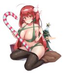  1girl ^^^ absurdres ahoge azur_lane bangs bare_shoulders black_legwear blush box breasts candy candy_cane christmas_tree cleavage closed_mouth clothes_pull collarbone commentary eyebrows_visible_through_hair food full_body green_ribbon hair_between_eyes hair_ornament highres holding holding_ribbon honolulu_(azur_lane) large_breasts long_hair looking_at_viewer merry_christmas mk.sweet naked_ribbon navel nose_blush oversized_object pantyhose pantyhose_pull pom_pom_(clothes) pom_pom_hair_ornament red_eyes red_hair ribbon sack shadow sidelocks simple_background sitting solo stomach sweat twintails very_long_hair wariza wavy_mouth white_background 