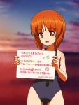 1girl artist_name bangs blue_sky blue_swimsuit blurry blurry_background brown_eyes brown_hair cloud cloudy_sky commentary covered_navel cowboy_shot dated depth_of_field eyebrows_visible_through_hair girls_und_panzer gradient_sky highres horizon looking_at_viewer naotosi nishizumi_miho ocean one-piece_swimsuit open_mouth outdoors pink_sky school_swimsuit short_hair sky smile solo standing star_(symbol) swimsuit translated twilight 