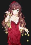  :o bangs black_background blonde_hair blush breasts brown_hair cleavage collarbone colored_inner_hair dress eyebrows_visible_through_hair glowing green_eyes hair_behind_ear hemmmlock highres jewelry lights long_hair medium_breasts miori_celesta multicolored_hair necklace red_dress solo star_(symbol) star_necklace treble_clef_hair_ornament tsunderia virtual_youtuber 