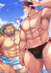  2boys abs absurdres animal_ears arsalan_(housamo) bara beard black_hair black_male_swimwear bulge facial_hair halo highres large_pectorals male_focus male_swimwear mature_male multiple_boys muscular muscular_male pectorals short_hair stubble thick_thighs thighs tokyo_afterschool_summoners white_male_swimwear yellow_eyes youzora_samo18 zabaniya_(housamo) 