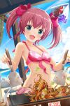  1girl absurdres alternative_girls bare_arms bare_shoulders beach bikini bow breasts chair cleavage cooking day eyebrows_visible_through_hair food green_eyes highres holding holding_spatula looking_at_viewer mano_sakurako ocean official_art open_mouth pink_bikini pink_bow pink_hair pink_ribbon ribbon small_breasts smile solo spatula standing sunlight swimsuit table twintails 