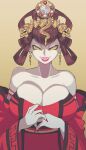  1girl bare_shoulders breasts chinese_clothes cleavage cup detached_sleeves dress earrings fingernails hair_rings highres inkerton-kun jewelry lipstick looking_at_viewer makeup nuwa_(smtv) pale_skin red_dress sakazuki sharp_fingernails shin_megami_tensei shin_megami_tensei_v solo yellow_background yellow_eyes 