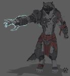  2017 anthro armband armor biped black_body black_fur bottomwear canid canine canis claw_marks claws clothed clothing digital_media_(artwork) digitigrade fangs fur gloves grey_background grey_body grey_fur handwear hi_res knee_pads loincloth male mammal multicolored_body multicolored_fur prosthetic prosthetic_arm prosthetic_limb simple_background solo spikes standing teeth topless wolf wolfdawg 