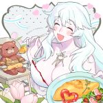 artemis_(fate) bangs bare_shoulders breasts cleavage closed_eyes dress fate/grand_order fate_(series) flower food jewelry large_breasts long_hair omurice open_mouth orion_(bear)_(fate) sara_(kurome1127) smile stuffed_animal stuffed_toy teddy_bear tulip white_hair 