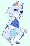  2021 animal_crossing anthro blue_clothing blue_dress blue_eyes canid canine canis clothed clothing convenient_censorship dress female full-length_portrait fur grey_body grey_fur hi_res kemokin_mania looking_at_viewer lying mammal nintendo on_side open_mouth panties portrait solo tail_censorship underwear video_games whitney_(animal_crossing) wolf 