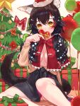  1girl animal_ear_fluff animal_ears black_hair black_skirt box breasts capelet christmas christmas_tree gift gift_box hair_ornament hat highres hololive long_hair looking_at_viewer medium_breasts multicolored_hair ookami_mio red_capelet red_hair red_headwear santa_hat sitting skirt solo star_(symbol) star_hair_ornament streaked_hair tail virtual_youtuber waterring wolf_ears wolf_girl wolf_tail yellow_eyes 