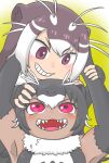  2girls animal_ears antenna_hair arai-san_mansion arm_grab armpits arms_up black_hair borrowed_character brown_eyes brown_hair elbow_gloves eyebrows_visible_through_hair fingerless_gloves fur_collar giant_otter_(kemono_friends) giant_otter_(kemono_friends)_(kuro_(kurojill)) gloves grabbing hair_between_eyes hand_on_another&#039;s_head highres long_hair looking_at_another looking_down looking_up multicolored_hair multiple_girls otter_ears q9udon red_eyes sharp_teeth tan teeth two-tone_hair v-shaped_eyebrows white_hair 