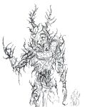  2017 anthro armor biped bone bracers cervid clothing hi_res male mammal monochrome simple_background sketch skull solo standing thorns torn_clothing traditional_media_(artwork) undead vines white_background wolfdawg zombie 