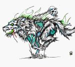  2017 ambiguous_gender bodily_fluids bone burning canid canine canis colored_fire drooling feral fire flesh fur green_eyes green_fire green_tongue mammal open_mouth quadruped running saliva simple_background skull solo tongue traditional_media_(artwork) undead white_background wolf wolfdawg zombie 