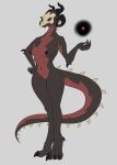  absurd_res anthro black_body breasts claws dragon female genitals hi_res looking_at_viewer magic multicolored_body nipples pussy red_body red_eyes scalie simple_background solo tolerain_(artist) two_tone_body western_dragon 