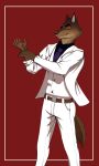  2021 5_fingers anthro arkripher border bottomwear canid canine canis clothing dreamworks fingers hi_res male mammal mr._wolf_(the_bad_guys) pants red_background simple_background smile solo suit the_bad_guys white_border white_clothing wolf 