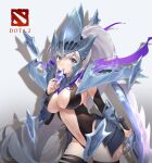  1girl armor bangs black_legwear blue_eyes breasts cleavage dota_(series) dota_2 floating floating_object floating_weapon gauntlets hair_between_eyes helmet highres holding holding_sword holding_weapon in_mouth jewelry jokanhiyou knife long_hair looking_at_viewer looking_back navel necklace open_mouth pauldrons personification ponytail shadow shoulder_armor solo spectre_(dota) sword teeth torn_clothes torn_legwear weapon white_hair 