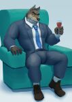  absurd_res anthro beverage bottomwear brown_body brown_clothing brown_footwear brown_fur brown_shoes bulge canid canine canis chair clothed clothing container cup dreamworks dress_shirt footwear fur furniture hi_res holding_beverage holding_cup holding_object jacket male mammal mr._wolf_(the_bad_guys) muscular muscular_anthro muscular_male narrowed_eyes necktie pants redwolfalang shirt shoes sitting smile smirk socks solo suit the_bad_guys topwear white_clothing white_footwear white_shirt white_socks white_topwear wolf yellow_sclera 