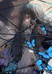  1boy bangs blue_eyes bug cape commentary crown fate/grand_order fate_(series) fur-trimmed_cape fur_trim grey_hair highres insect_wings long_hair male_focus oberon_(fate) shirt solo spoilers uncleko5 upper_body white_shirt wings 