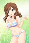  1girl absurdres alternative_girls bare_arms bare_shoulders bikini blue_bikini breasts brown_hair cleavage closed_mouth eyebrows_visible_through_hair green_background green_eyes hand_on_own_face highres hirose_koharu long_hair looking_at_viewer official_art smile solo standing swimsuit tongue tongue_out white_bikini 