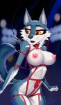  anthro athletic athletic_anthro athletic_female bdsm blue_body blue_fur blush breasts canid canine canis carabiner dreamworks female fur harness hi_res illumination_entertainment macmegagerc mammal open_mouth porsha_crystal sing_(movie) solo teenager white_body white_fur wolf yellow_eyes young 