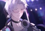  1boy absurdres black_choker choker fengtu_ad forehead glasses grin headphones headphones_around_neck highres indoors male_focus mole mole_under_eye open_mouth shirt smile solo tears_of_themis teeth vyn_richter_(tears_of_themis) white_hair white_shirt yellow_eyes 