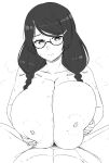  1boy 1girl abs bakemonogatari black_hair blush braid breasts cum ejaculation gigantic_breasts glasses hair_ornament hairclip hanekawa_tsubasa highres long_hair monochrome monogatari_(series) nao_(ritsancrossover) nipples nude paizuri twin_braids 