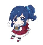  1girl aikatsu! aikatsu!_(series) bangs black_legwear blue_eyes blue_hair blue_scrunchie blush boots chibi closed_mouth coffee_cup cup disposable_cup eyebrows_visible_through_hair full_body fur-trimmed_boots fur-trimmed_jacket fur_trim hair_ornament hair_scrunchie hat hitomiz holding holding_cup jacket kiriya_aoi looking_at_viewer pantyhose red_footwear red_headwear red_jacket santa_hat scrunchie side_ponytail simple_background solo white_background 