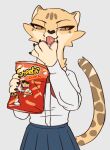  2021 akino_(kemokin_mania) anthro bottomwear cheetah cheetos clothed clothing eating felid feline female food front_view fully_clothed hi_res holding_food holding_object kemokin_mania mammal portrait shirt skirt solo three-quarter_portrait tongue tongue_out topwear 
