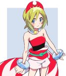  1girl bangs blonde_hair blue_eyes blush border bracelet collar collarbone commentary_request eyelashes hair_between_eyes highres irida_(pokemon) jewelry looking_at_viewer ousaki_(0810-1224-0523) outside_border parted_lips pokemon pokemon_(game) pokemon_legends:_arceus red_shirt sash shirt short_hair shorts solo strapless strapless_shirt white_border white_shorts 