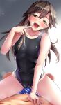  1boy 1girl arashio_(kancolle) black_swimsuit blue_male_swimwear brown_eyes brown_hair clothed_sex competition_swimsuit covered_navel covered_nipples cum erection eyebrows_visible_through_hair hair_between_eyes hetero highleg highleg_swimsuit highres kantai_collection long_hair navel one-piece_swimsuit open_mouth penis swimsuit topless_male tsuchimiya yellow_eyes 