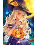  1girl bangs bare_shoulders black_headwear candy candy_cane crown earrings food ghost halloween hat highres jack-o&#039;-lantern jewelry long_hair looking_at_viewer orange_eyes original signature solo star_(symbol) upper_body white_hair witch_hat xmingho 