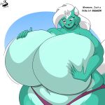  1:1 absurd_res anthro big_breasts breasts chrisandcompany clothing dialogue female hi_res huge_breasts hyper hyper_breasts inflation mammal mephitid panties skunk solo underwear 