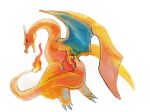  charizard claws commentary_request fangs fire full_body highres looking_back no_humans open_mouth pecohophop pokemon pokemon_(creature) simple_background solo white_background 