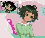  1girl bangs black_hair blunt_bangs breasts buttercup_(ppg) buttercup_redraw_challenge green_eyes green_pajamas hiiro88291210 looking_at_viewer messy_hair powerpuff_girls reference_inset shadow short_hair small_breasts smile solo upper_body 