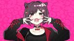  animal_(vocaloid) animal_print black_choker black_jacket black_shirt braid breasts brown_hair cat_hair_ornament choker enskkt facepaint facial_mark fangs hair_cones hair_ornament heart_ring heart_ring_choker jacket jewelry leopard_print long_sleeves multicolored_nails multiple_rings open_mouth paw_hair_ornament pink_background project_sekai ring shinonome_ena shirt short_hair two_side_up upper_body vocaloid whisker_markings 