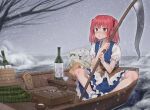  1girl :o bangs blue_kimono blush boat bottle bouquet bowl brown_sash choko_(cup) coin_on_string commentary_request cup flower frilled_sleeves frills goback hair_bobbles hair_ornament highres holding holding_scythe japanese_clothes kimono knees korean_commentary medium_hair obi onozuka_komachi open_mouth plaid_shawl puffy_short_sleeves puffy_sleeves red_eyes red_hair ripples rod_of_remorse rose sandals sash scythe shinigami short_kimono short_sleeves sitting snowing socks solo tongue touhou tree two_side_up waiting water watercraft white_flower white_legwear white_rose wine_bottle winter 