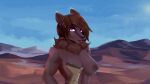  absurd_res anthro breasts brown_body brown_fur brown_hair chest_fur clothing dblanc desert detailed_background female fur hair herm hi_res intersex lady_l ludexus mercenary muscular muscular_anthro muscular_female nude portrait purple_eyes scar-h solo topwear vest weapon 