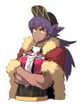  1boy baseball_cap between_pectorals bright_pupils cape champion_uniform closed_mouth commentary_request crossed_arms dark-skinned_male dark_skin facial_hair fur-trimmed_cape fur_trim hat highres korean_commentary leon_(pokemon) long_hair male_focus pectorals pokemon pokemon_(game) pokemon_swsh purple_hair red_cape redlhzz shirt smile split_mouth upper_body white_pupils yellow_eyes 
