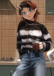  1girl alternate_costume bangs black_hair black_sweater blue_eyes blue_pants breasts chain coffee coffee_mug commentary_request cowboy_shot cup demon_girl demon_horns demon_tail ear_chain ear_piercing earrings gin_(tttetu123) highres holding holding_cup horns indoors jewelry large_breasts looking_at_viewer mug multicolored_hair open_mouth pants piercing pointy_ears red_hair ryugasaki_rene short_hair smile solo steam stove striped striped_sweater sugar_lyric sweater tail tile_wall tiles two-tone_hair virtual_youtuber 