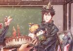  1boy 3others animal axis_524 bag bangs birthday_cake black_eyes black_hair black_jacket cake cellphone chalkboard classroom dog food fushiguro_megumi gift hat high_collar highres holding holding_phone holding_tray indoors jacket jujutsu_kaisen long_sleeves looking_at_viewer male_focus multiple_others party_hat party_popper phone school_uniform short_hair solo_focus spiked_hair stuffed_toy tray 