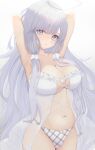  1girl absurdres armpits arms_up azur_lane bangs blue_eyes breasts cleavage closed_mouth cowboy_shot daily_(daily178900) eyebrows_visible_through_hair highres illustrious_(azur_lane) large_breasts long_hair looking_at_viewer navel panties see-through silver_hair simple_background solo two-tone_panties underwear 