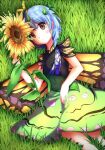 1girl antennae aqua_hair blush brown_eyes butterfly_wings dress eternity_larva eyebrows_visible_through_hair fairy flower grass green_dress hair_between_eyes leaf leaf_on_head multicolored_clothes multicolored_dress parted_lips short_hair short_sleeves single_strap solo sunflower touhou wings yellow_flower yuikannon 
