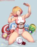  1girl artist_name bare_legs bare_shoulders belt bird blonde_hair blue_eyes breasts captain_america character_request didi_esmeralda full_body gradient_hair grey_background gwenpool holding holding_phone iron_man kneeling large_breasts leotard marvel multicolored_hair multicolored_leotard one_eye_closed penguin phone pink_footwear pink_hair pink_leotard shadow shoes short_hair sleeveless solo spider-gwen stuffed_toy v web_address white_leotard 