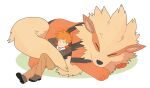  1boy arcanine arms_behind_back bangs blue_oak brown_footwear brown_jacket brown_pants closed_eyes closed_mouth commentary_request jacket jaho leather leather_jacket lying male_focus on_back orange_hair pants pokemon pokemon_(creature) pokemon_(game) pokemon_hgss shoes short_hair sleeping spiked_hair 