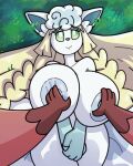  4:5 4_fingers after_transformation alolan_vulpix ambiguous_gender animated anthro areola big_areola big_breasts big_nipples black_eyebrows blinking blonde_hair blue_areola blue_body blue_fur blue_inner_ear blue_nipples blue_nose bouncing_breasts breast_grab breast_groping breasts duo eyebrows eyelashes female fingers first_person_view fur grass green_sclera hair hand_on_breast hand_on_crotch hands_on_crotch huge_breasts implied_transformation lillie_(pok&eacute;mon) long_hair looking_at_viewer loop lying lying_on_ground massaging motion_lines nintendo nipples on_back on_ground plant pok&eacute;ball pok&eacute;mon pok&eacute;mon_(species) regional_form_(pok&eacute;mon) sachasketchy short_playtime smile video_games vulpix white_eyes wide_hips 