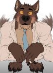  2021 anthro bottomwear brown_body brown_fur brown_pawpads canid canine canis clothed clothing countershade_face countershade_fur countershade_torso countershading crouching digital_drawing_(artwork) digital_media_(artwork) dreamworks eyebrows fully_clothed fur hi_res male mammal mr._wolf_(the_bad_guys) mtfoxx necktie open_clothing open_shirt open_topwear orange_sclera pants pawpads paws pecs shirt simple_background solo tail_motion tailwag tan_body tan_countershading tan_fur the_bad_guys topwear white_background wolf 