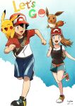  1boy 1girl :d absurdres ash_ketchum bangs baseball_cap black_hair black_shirt brown_eyes brown_hair chase_(pokemon) chase_(pokemon)_(cosplay) commentary cosplay dated eevee elaine_(pokemon) elaine_(pokemon)_(cosplay) green_shorts hat highres jacket knees leg_up long_hair on_head open_mouth pikachu pokemon pokemon_(anime) pokemon_(creature) pokemon_(game) pokemon_lgpe pokemon_on_head pokemon_xy_(anime) red_headwear running serena_(pokemon) shirt shoes short_hair short_sleeves shorts signature smile standing sungyeah tongue 