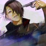  1boy bangs black_eyes black_jacket black_shirt brown_background brown_hair furuta_nimura grey_background gun gun_to_head hair_over_one_eye hand_up highres holding holding_gun holding_weapon jacket kyuuba_melo open_clothes open_jacket parted_lips shirt short_hair smile solo teeth tokyo_ghoul tokyo_ghoul:re weapon 